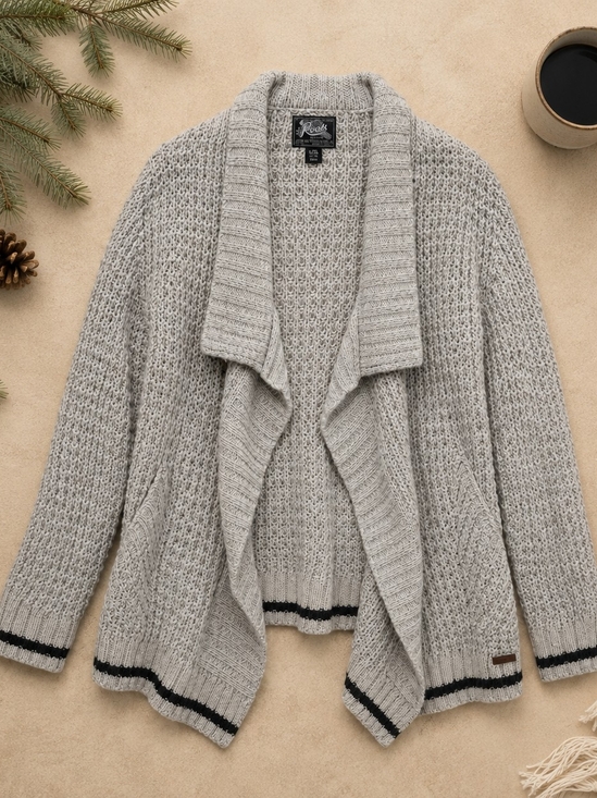 Roots Sweaters - Roots Gray Cotton Shawl Cardigan L/XL Open Knit Sweater Pockets